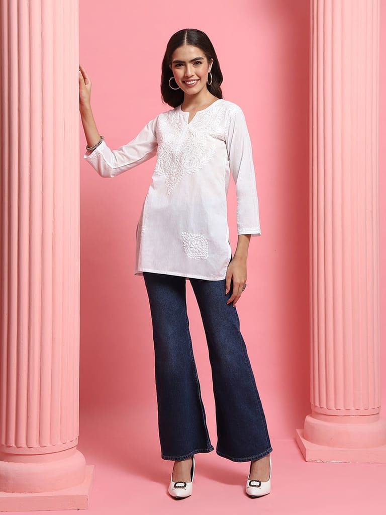 Cotton Chikankari Solid Women's Short Kurta - White