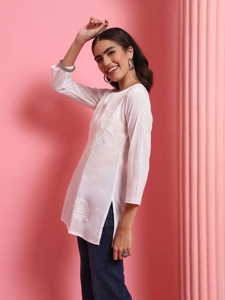 Cotton Chikankari Solid Women's Short Kurta - White