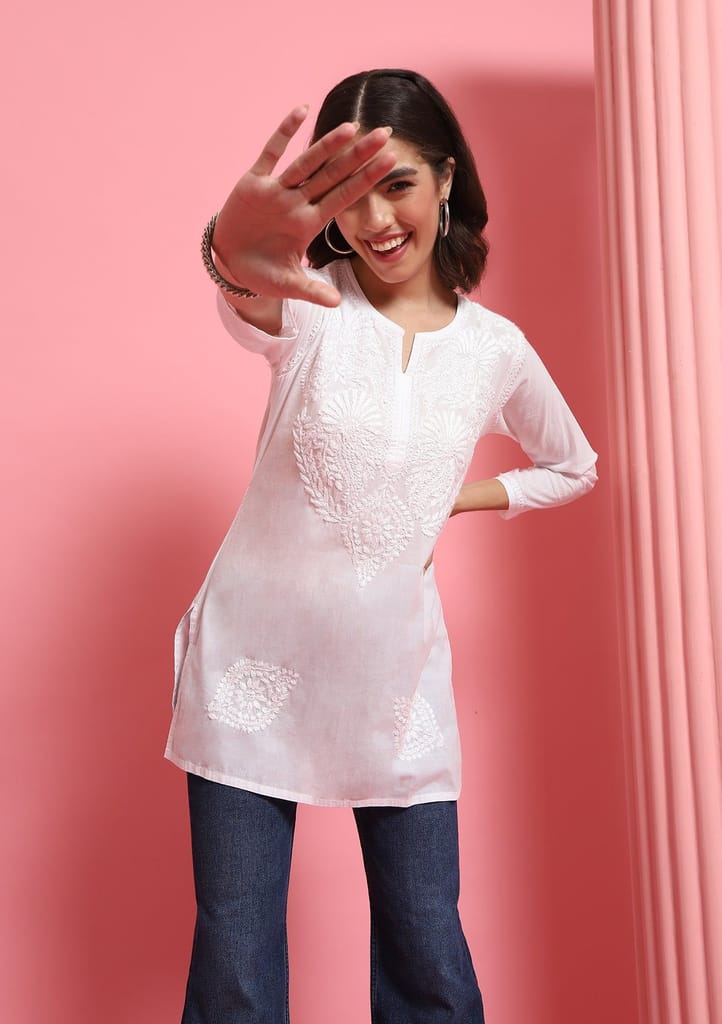 Cotton Chikankari Solid Women's Short Kurta - White