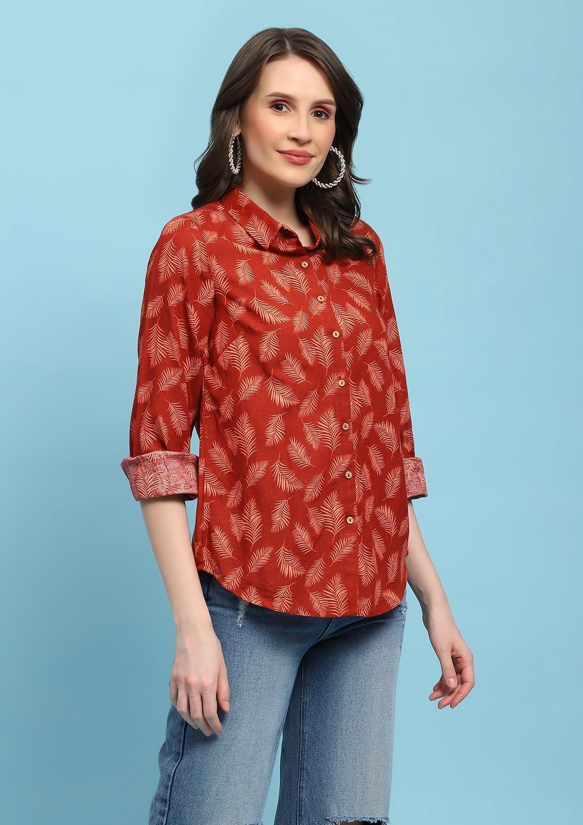 Linen Blend Printed Women's Shirt - Brown