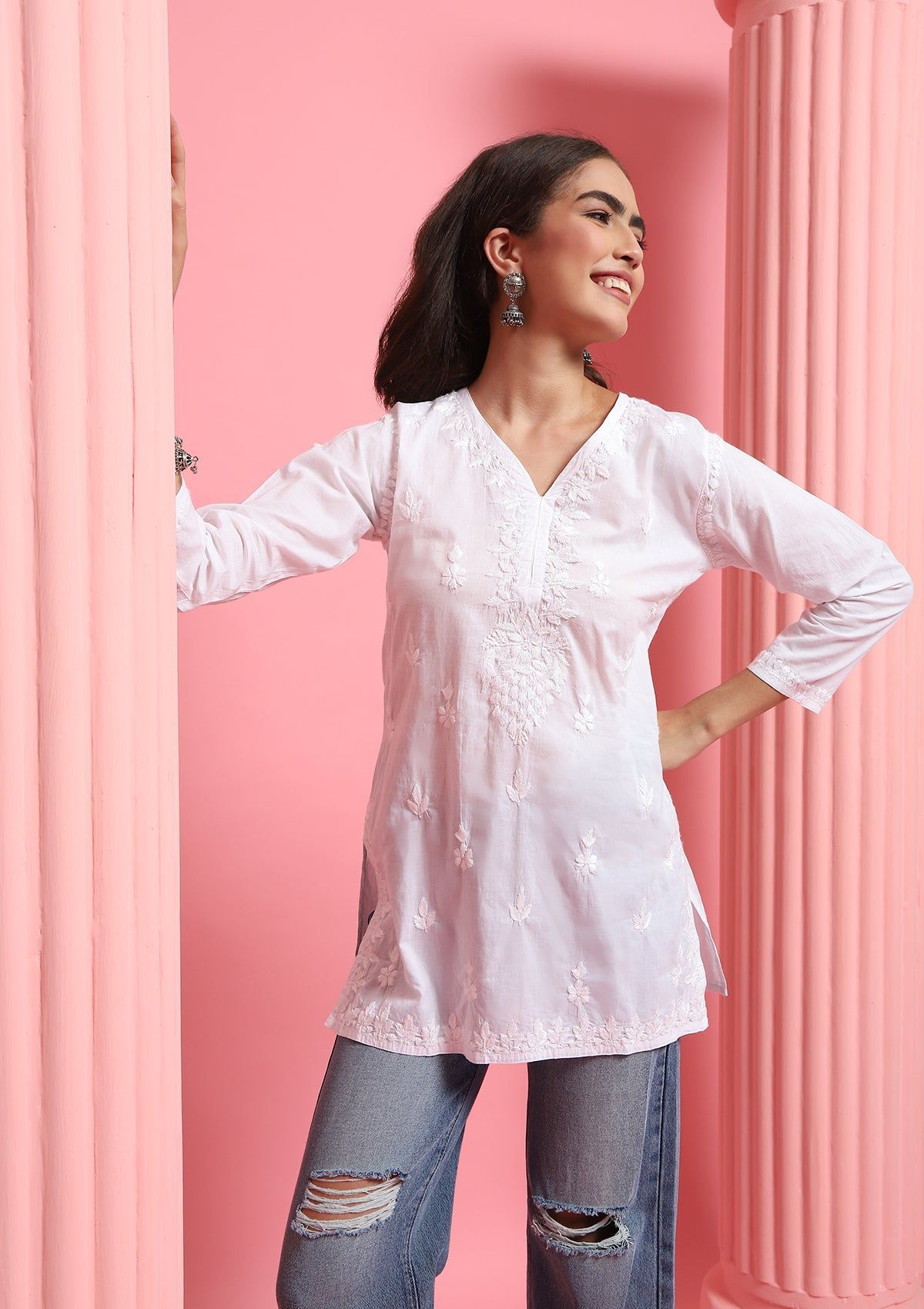 Cotton Chikankari Solid Women's Short Kurta - White