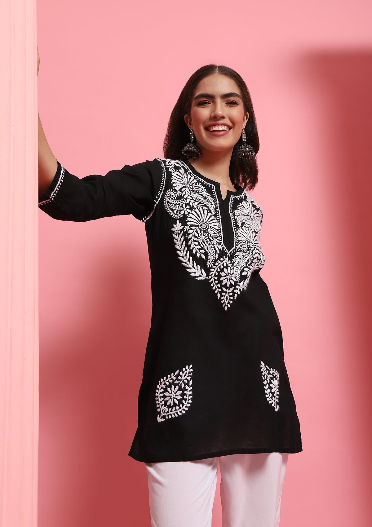 Cotton Chikankari Solid Women's Short Kurta - Black