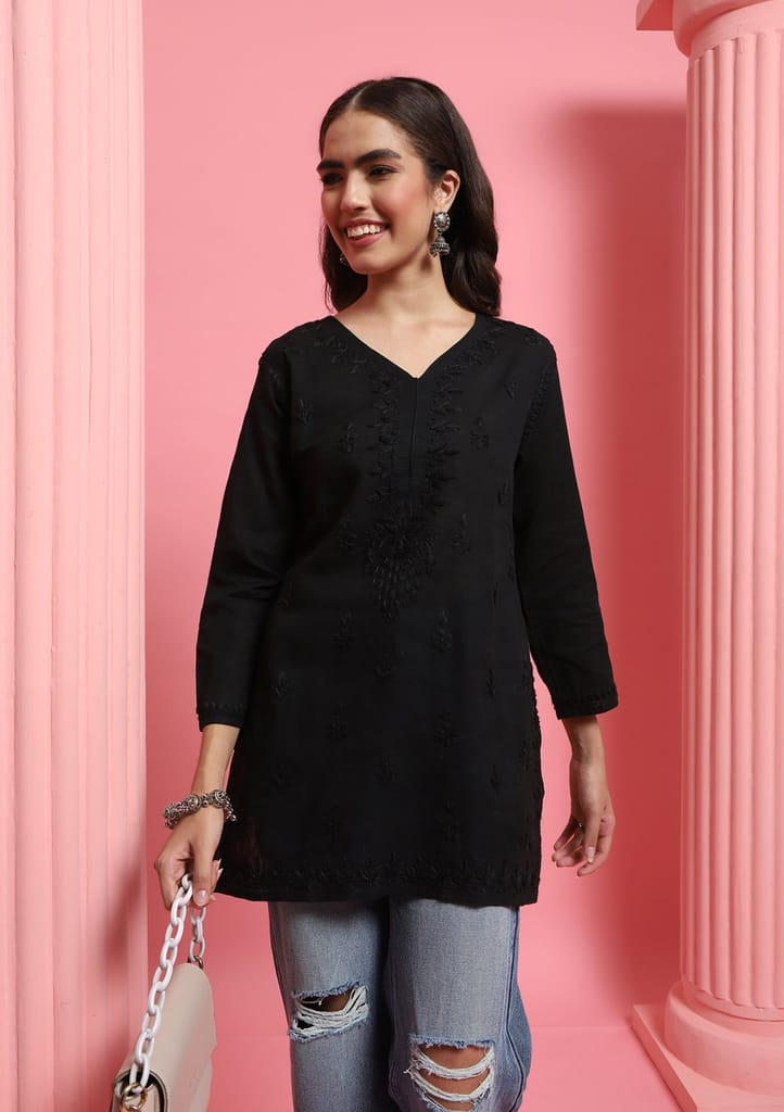 Cotton Chikankari Solid Women's Short Kurta - Black
