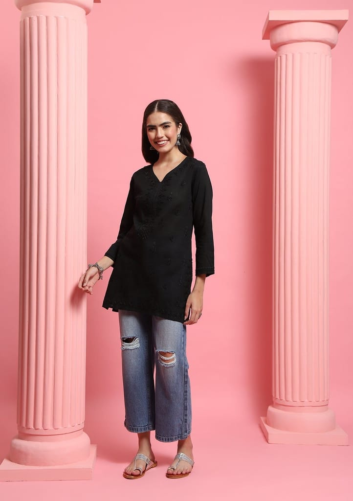 Cotton Chikankari Solid Women's Short Kurta - Black