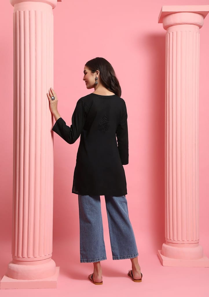 Cotton Chikankari Solid Women's Short Kurta - Black