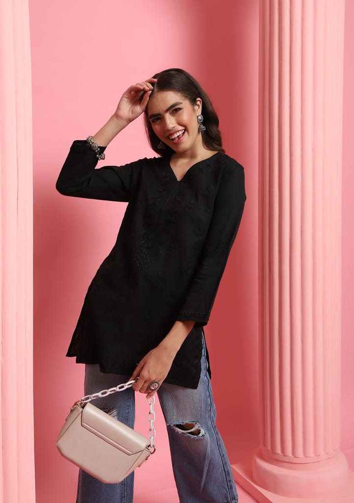 Cotton Chikankari Solid Women's Short Kurta - Black