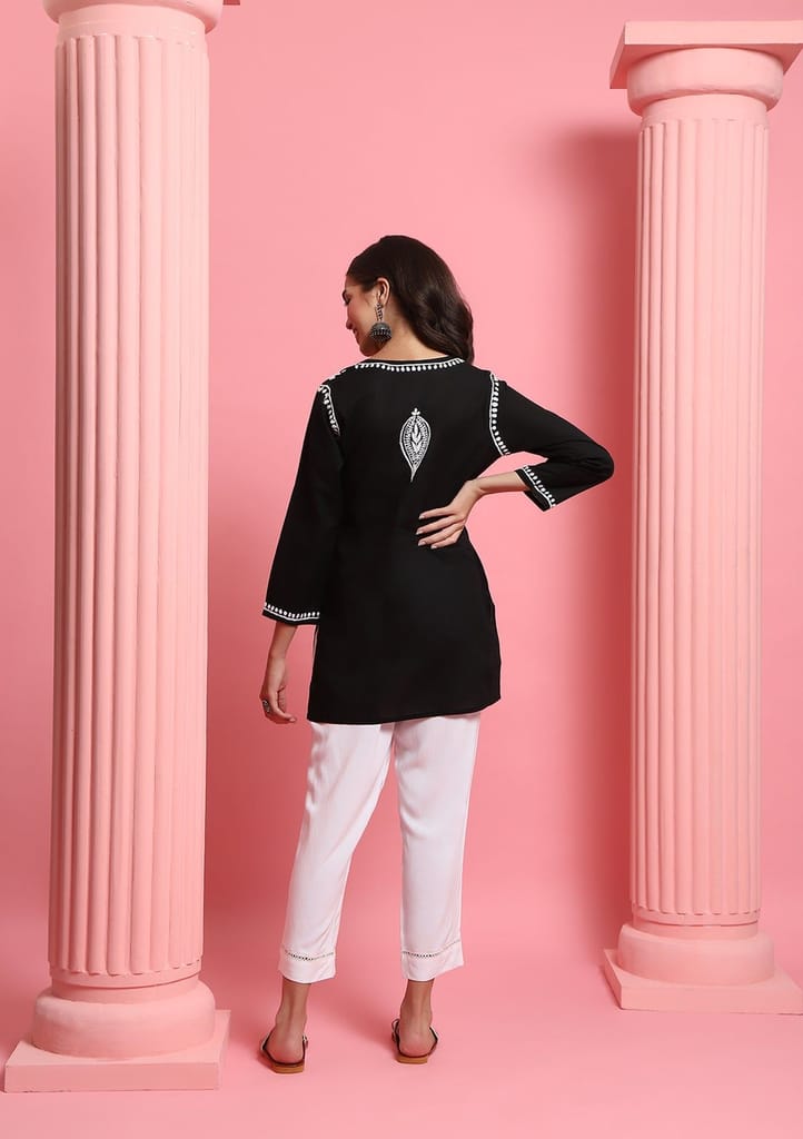 Cotton Chikankari Solid Women's Short Kurta - Black