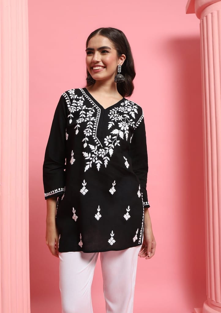 Cotton Chikankari Solid Women's Short Kurta - Black