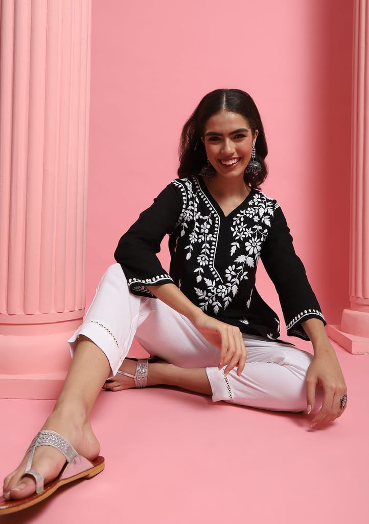 Cotton Chikankari Solid Women's Short Kurta - Black