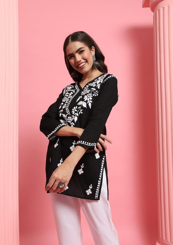 Cotton Chikankari Solid Women's Short Kurta - Black