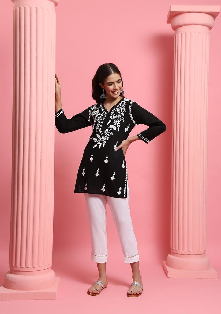 Cotton Chikankari Solid Women's Short Kurta - Black