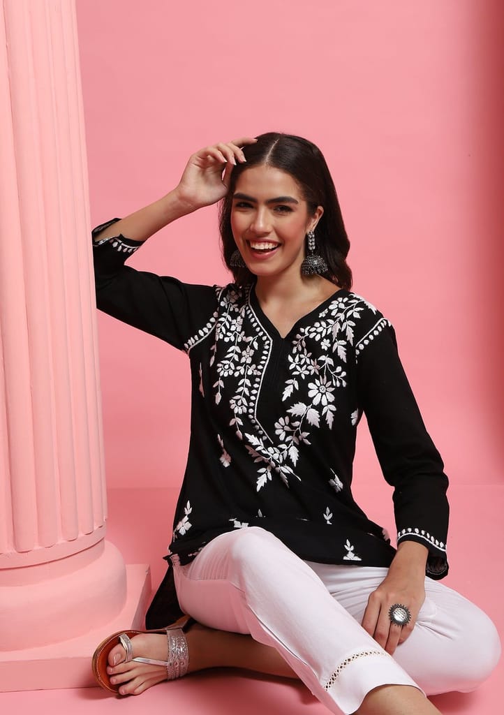 Cotton Chikankari Solid Women's Short Kurta - Black