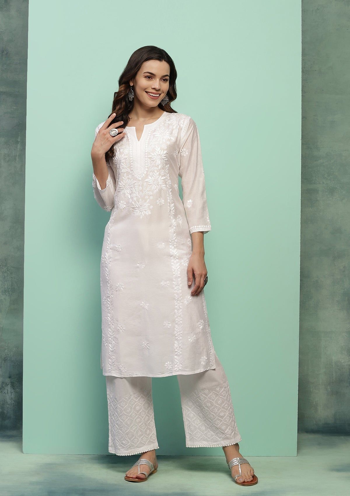 Chanderi Chikankari Solid Women's Long Kurta - White