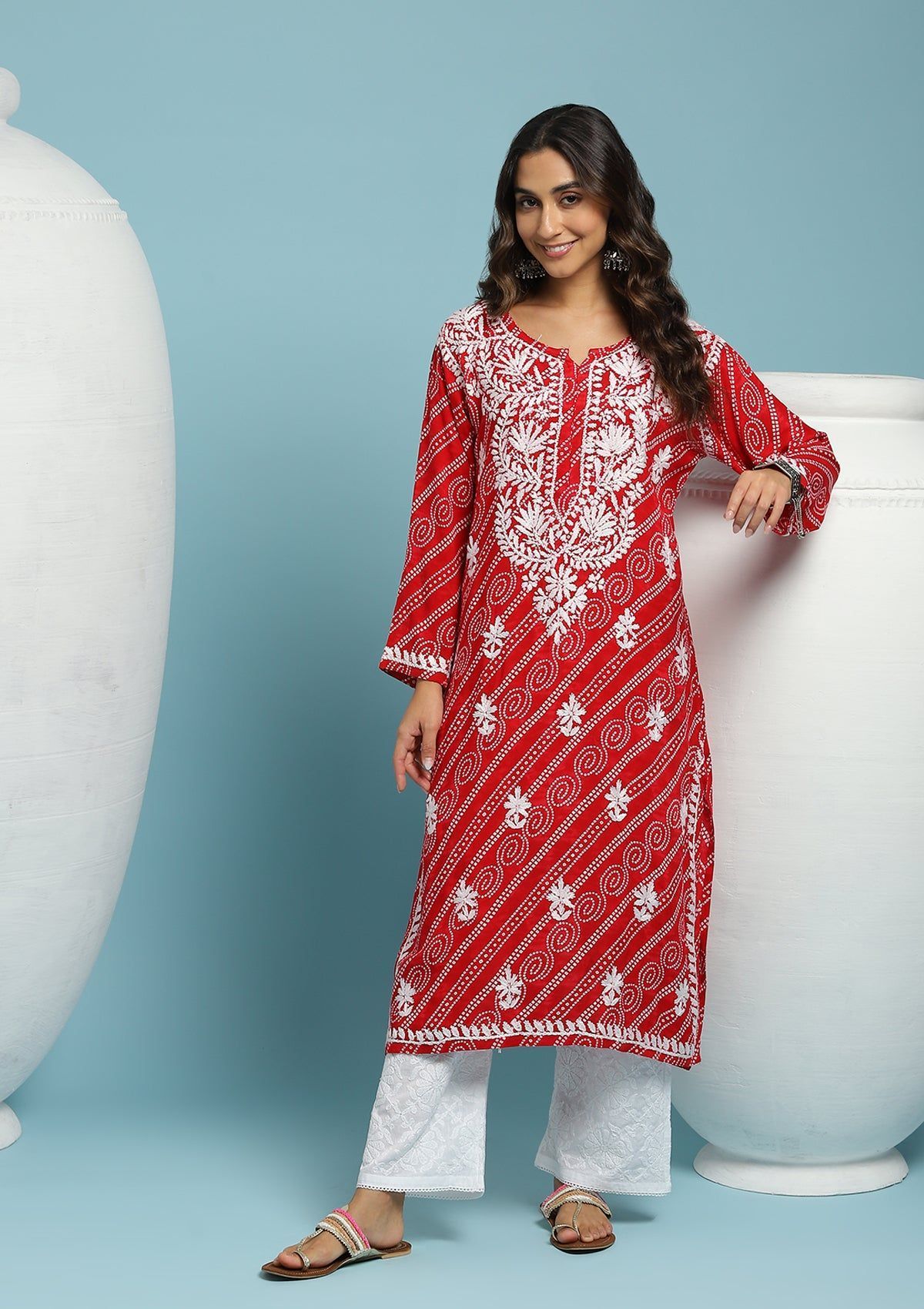 Rayon Chikankari Printed Women's Long Kurta - Red