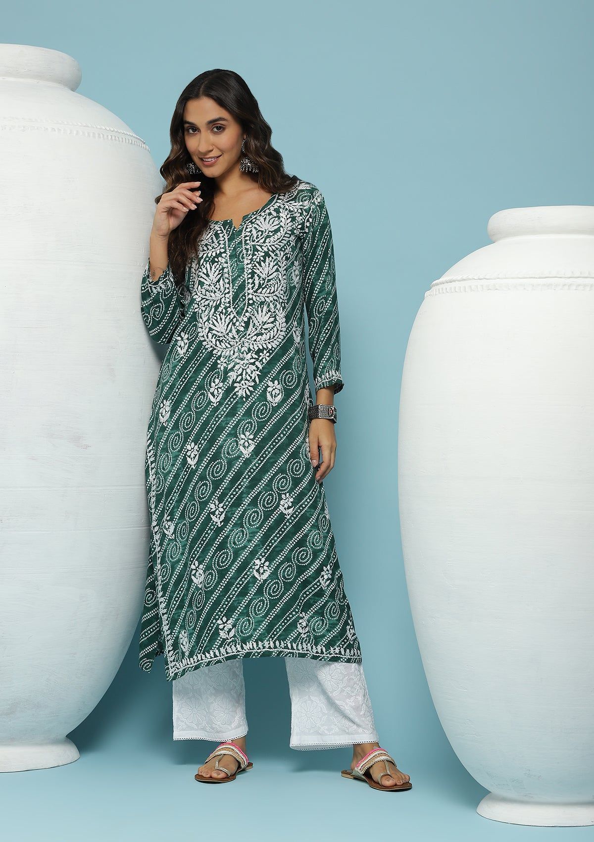 Rayon Chikankari Printed Women's Long Kurta - Green