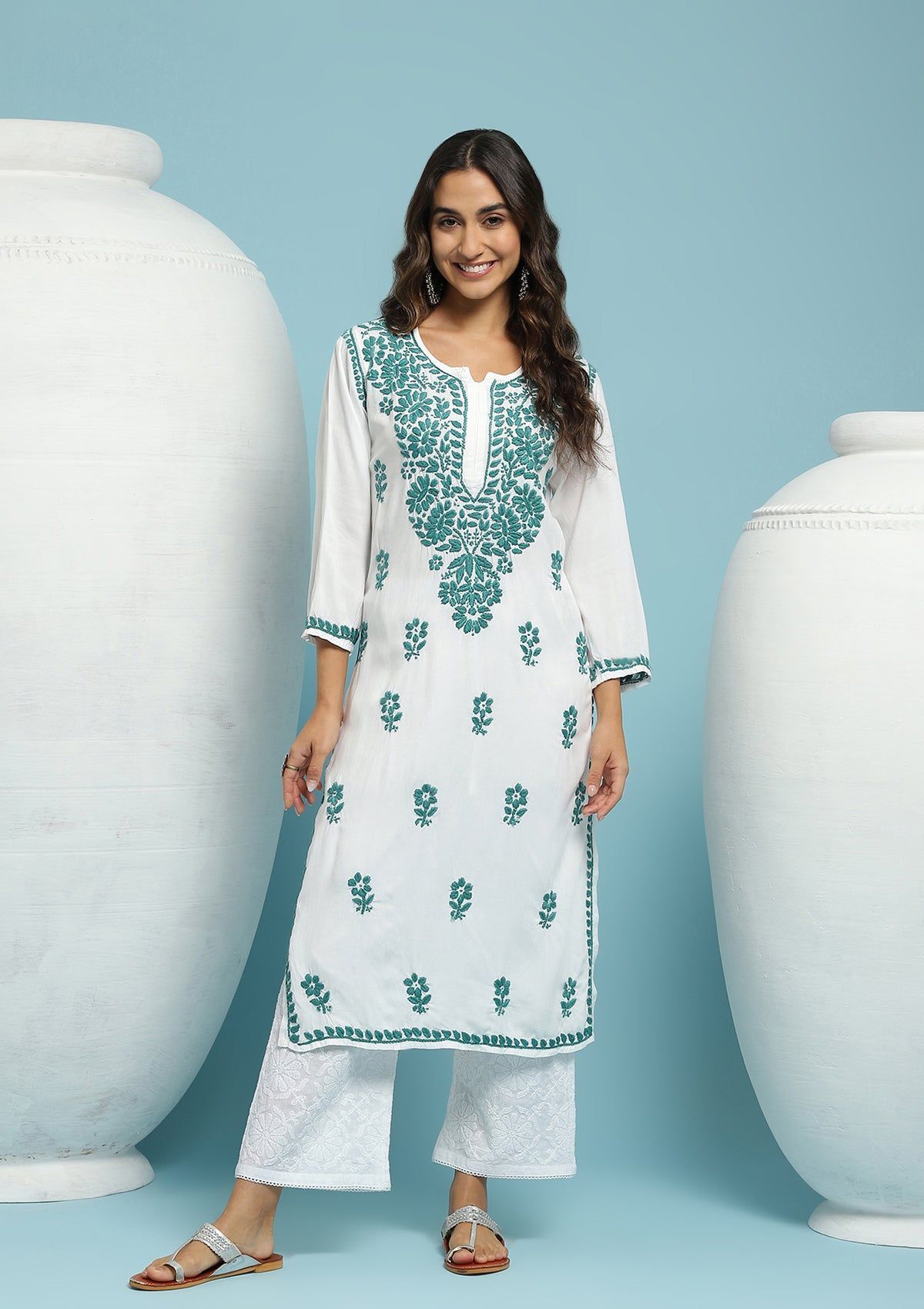 Rayon Chikankari Solid Women's Long Kurta - White