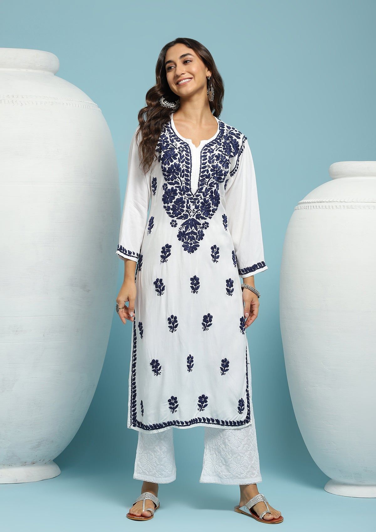 Rayon Chikankari Solid Women's Long Kurta - White