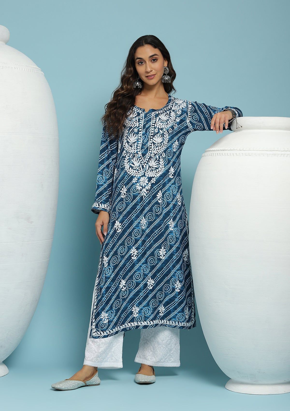 Rayon Chikankari Printed Women's Long Kurta - Blue