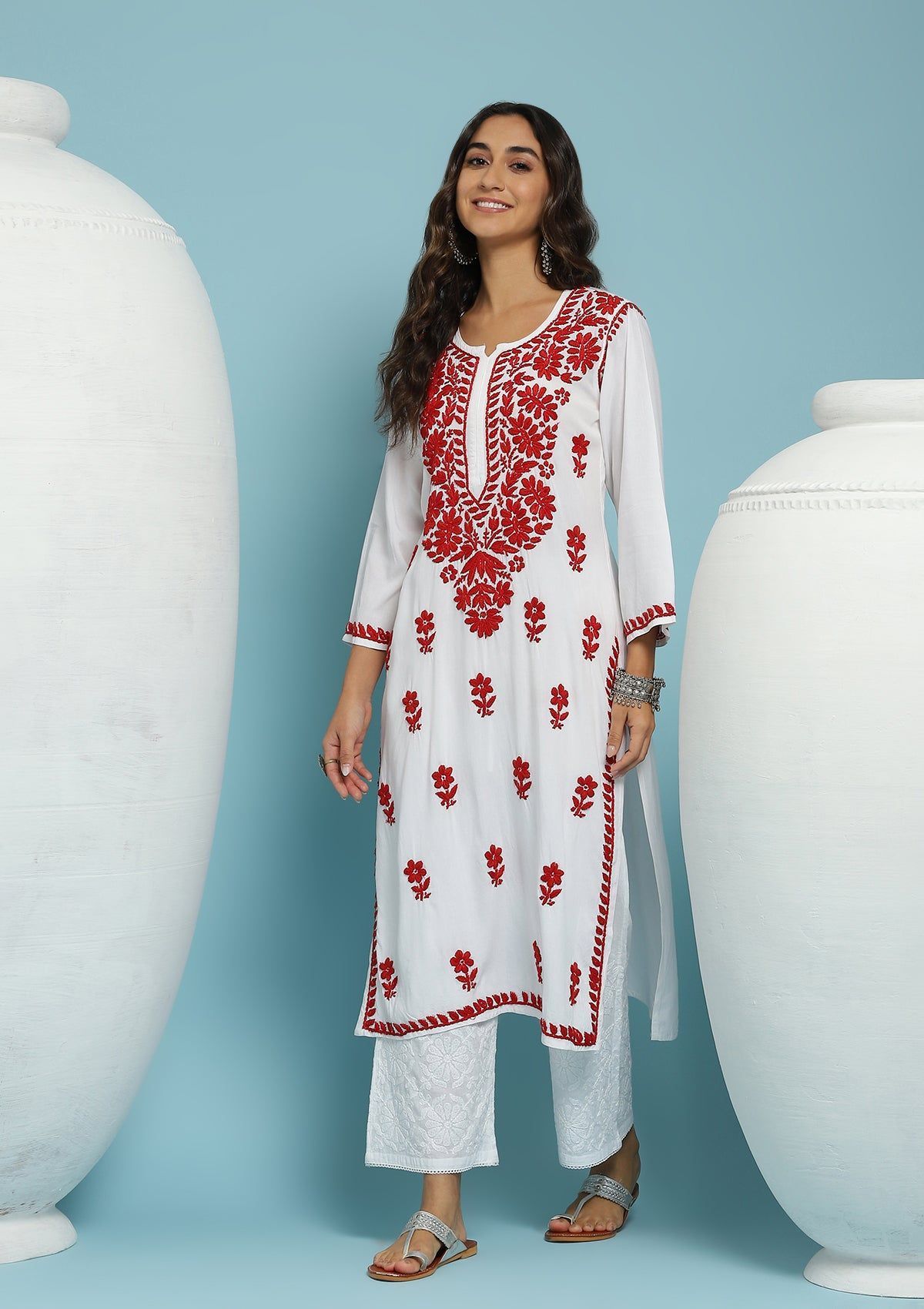 Rayon Chikankari Solid Women's Long Kurta - White