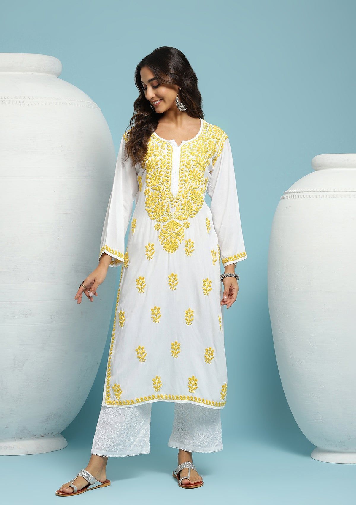 Rayon Chikankari Solid Women's Long Kurta - White