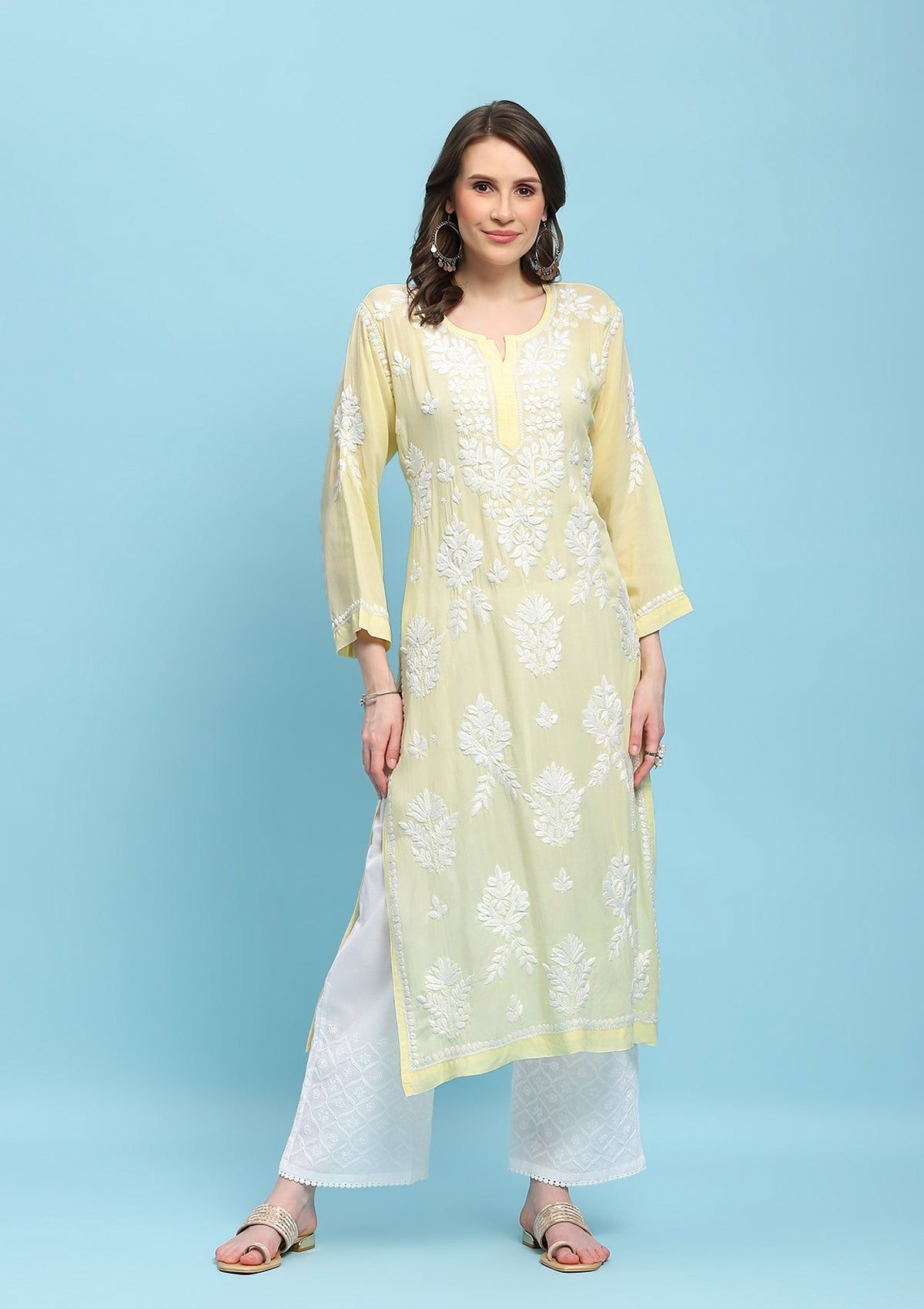 Modal Chikankari Solid Women's Long Kurta - Yellow