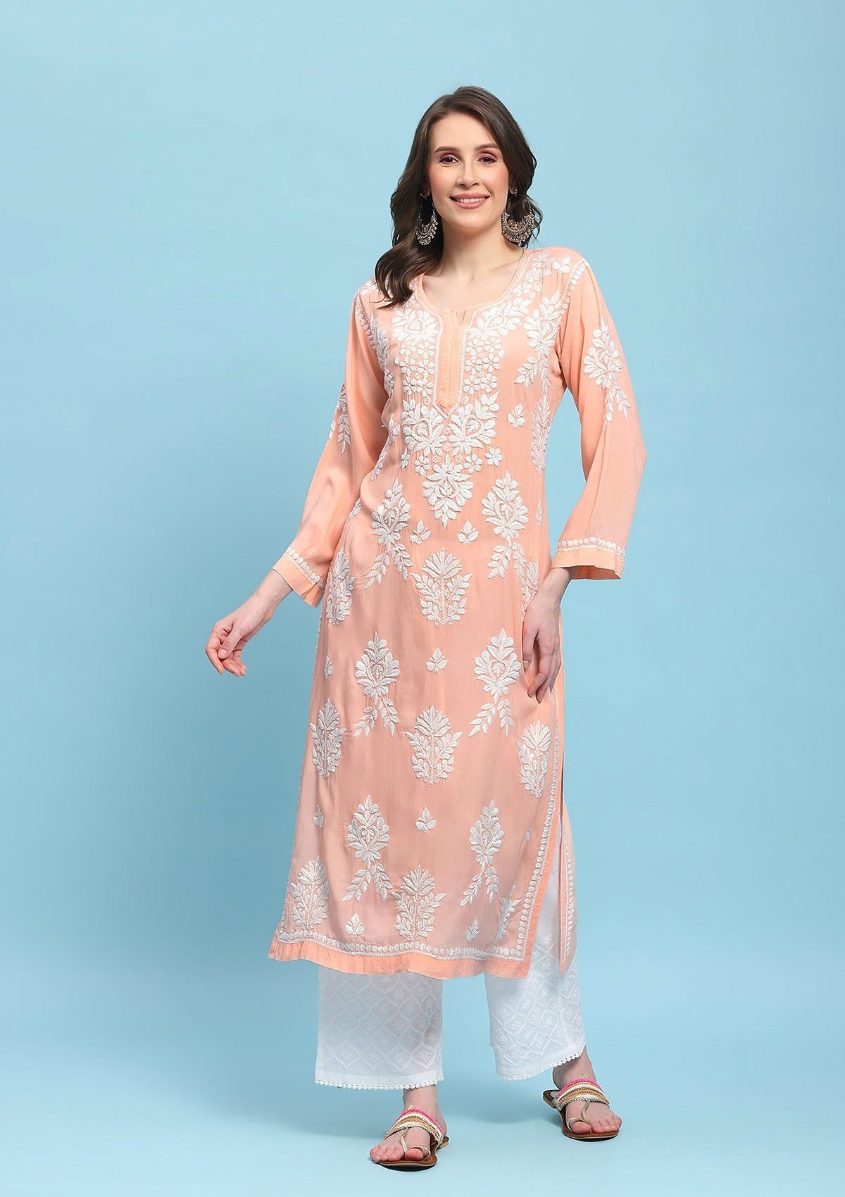 Modal Chikankari Solid Women's Long Kurta - Peach
