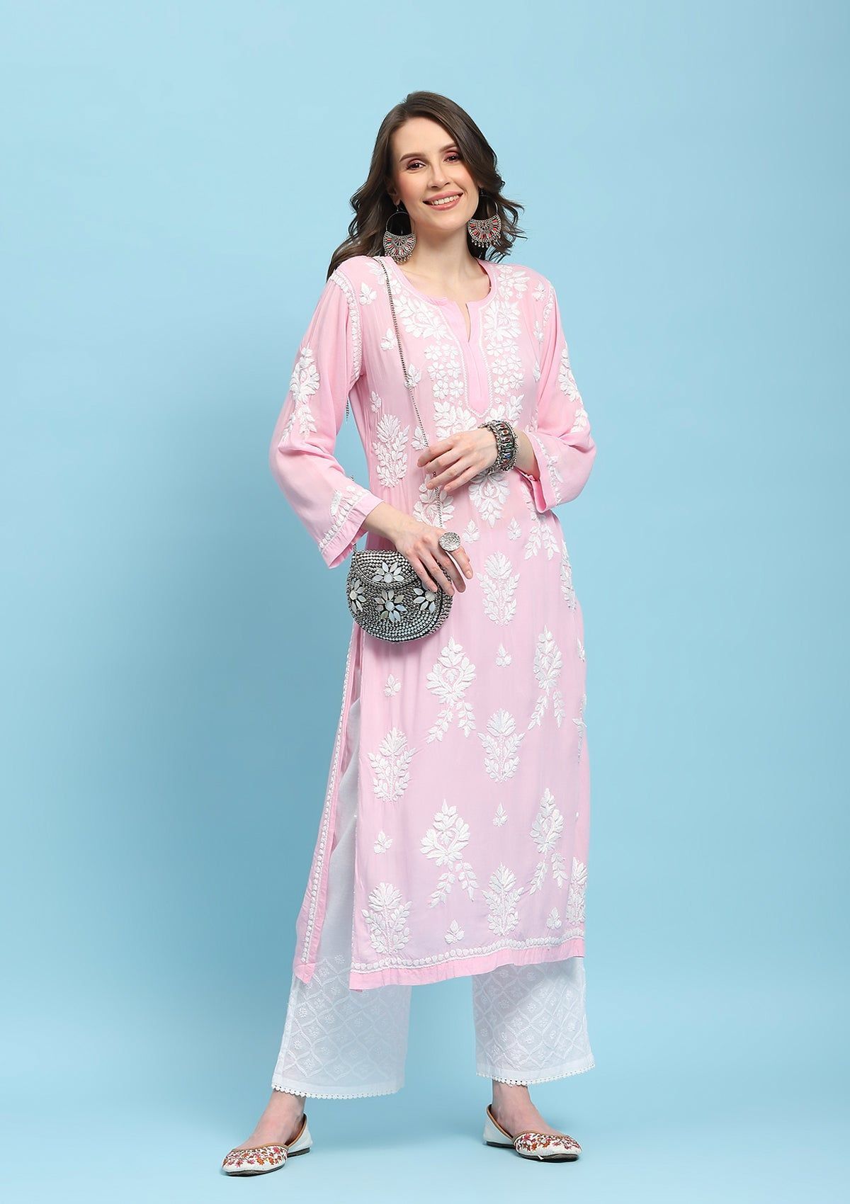 Modal Chikankari Solid Women's Long Kurta - Pink