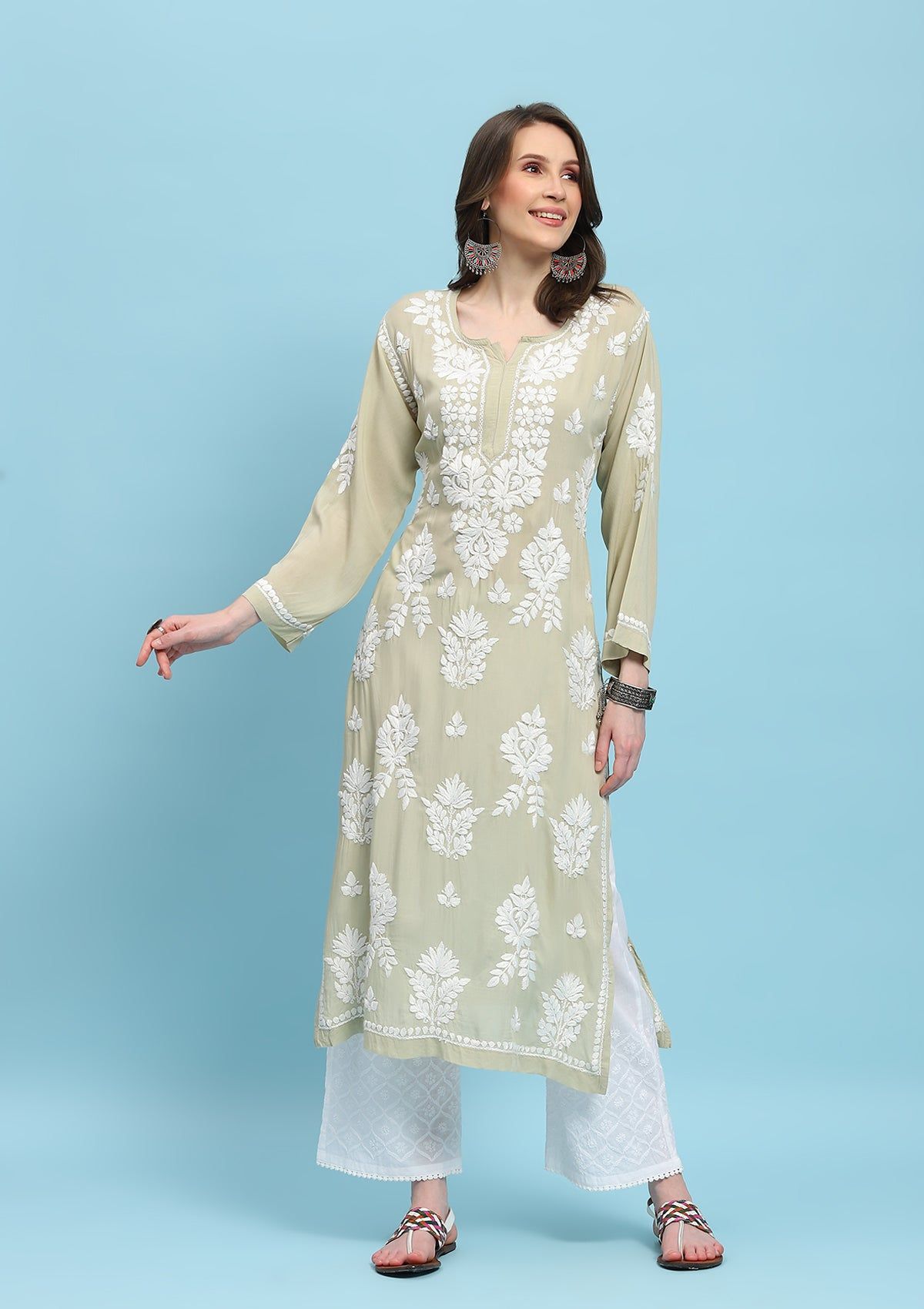 Modal Chikankari Solid Women's Long Kurta - Green