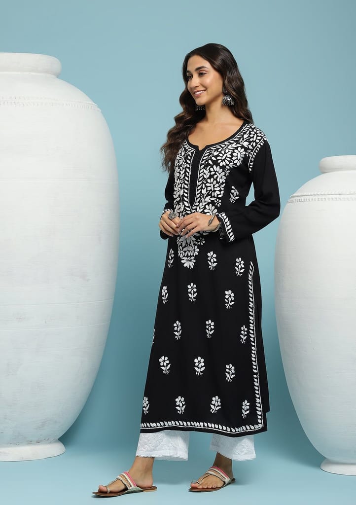 Rayon Chikankari Solid Women's Long Kurta - Black