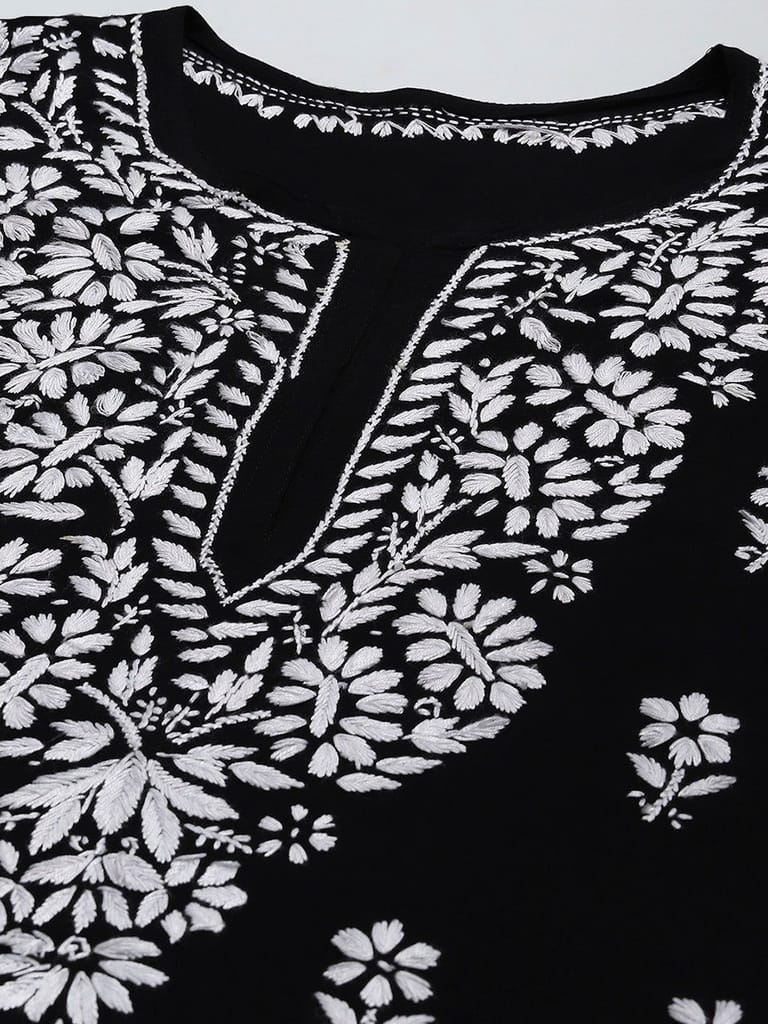 Rayon Chikankari Solid Women's Long Kurta - Black
