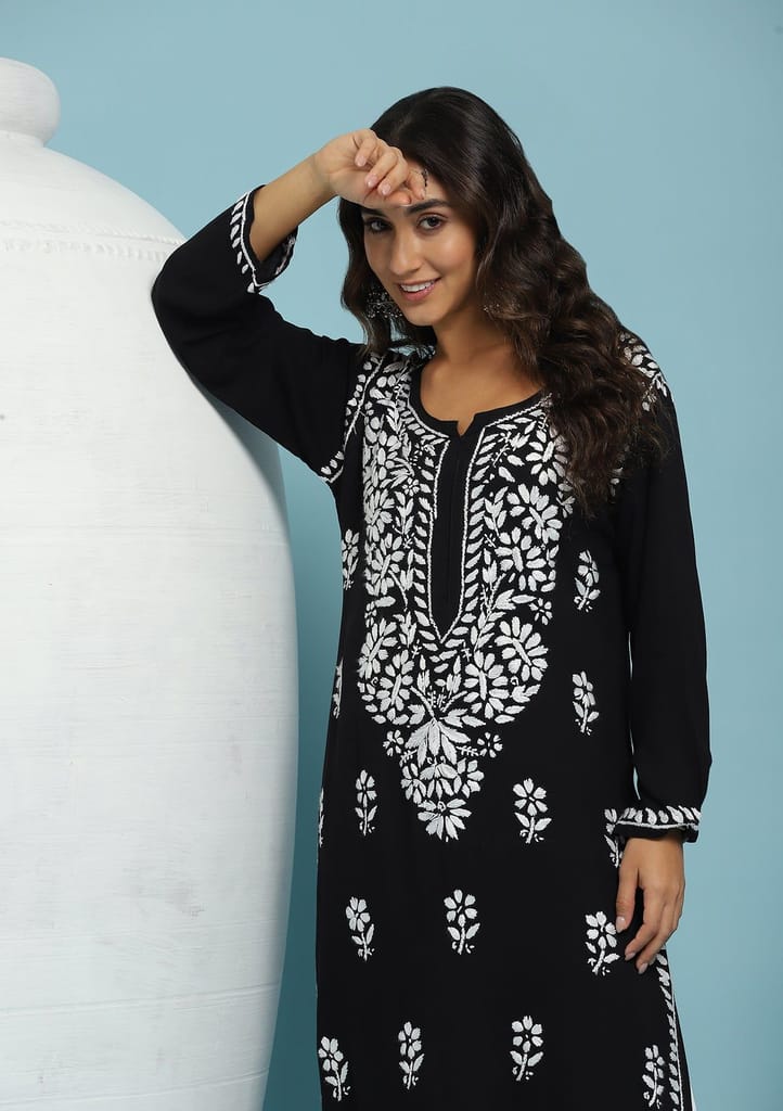 Rayon Chikankari Solid Women's Long Kurta - Black