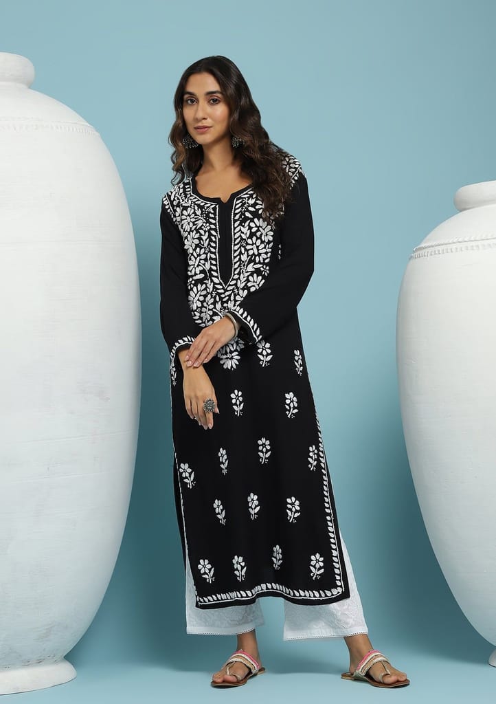 Rayon Chikankari Solid Women's Long Kurta - Black