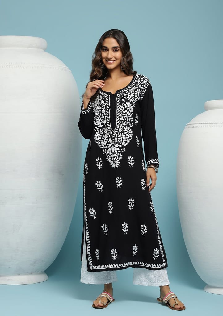 Rayon Chikankari Solid Women's Long Kurta - Black