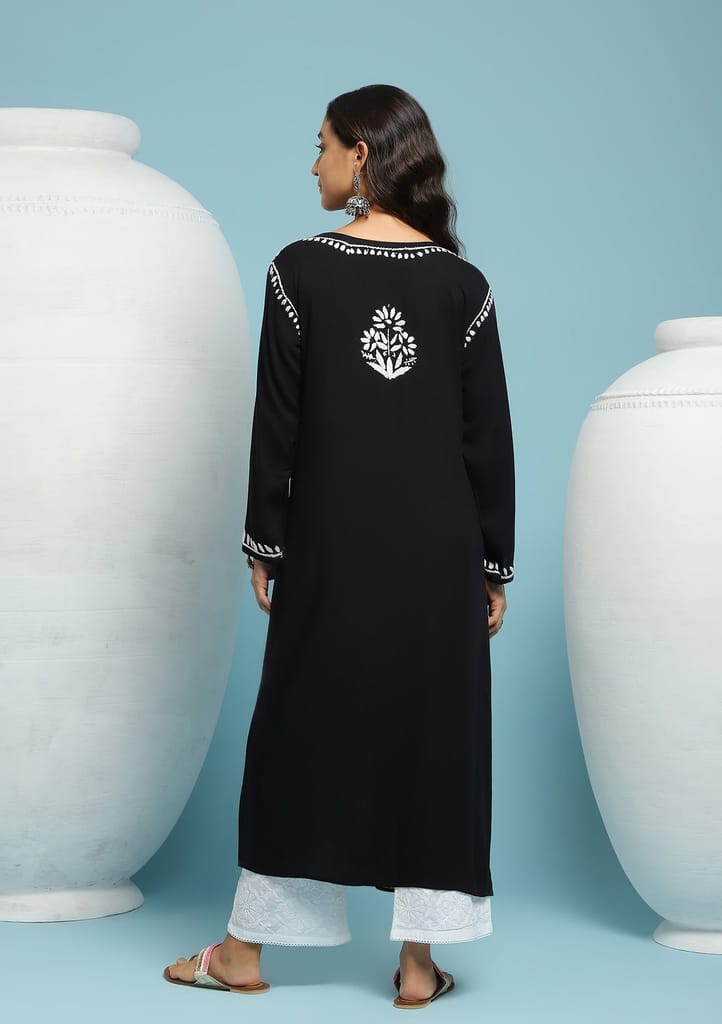 Rayon Chikankari Solid Women's Long Kurta - Black