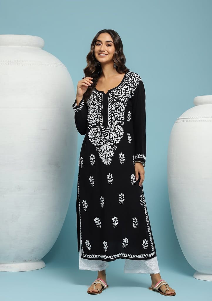 Rayon Chikankari Solid Women's Long Kurta - Black