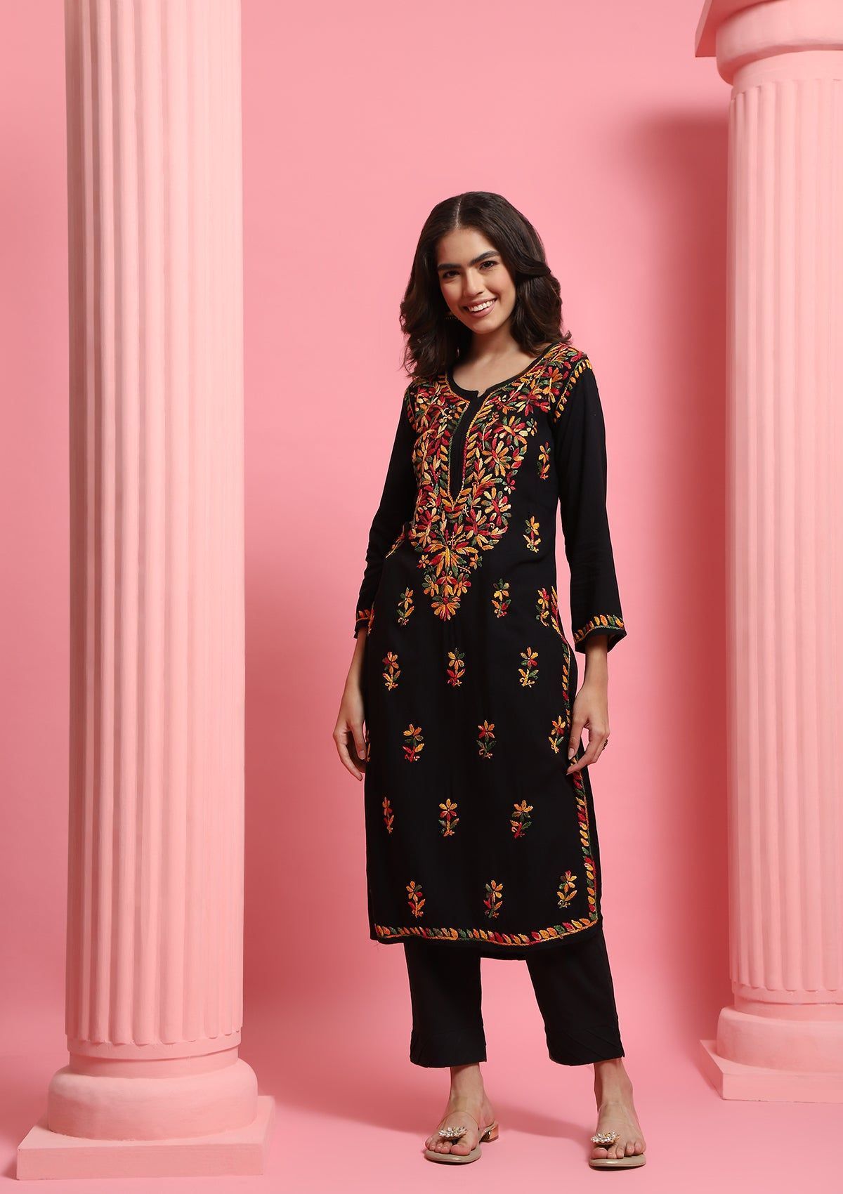 Rayon Chikankari Solid Women's Long Kurta - Black