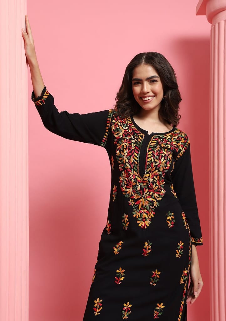 Rayon Chikankari Solid Women's Long Kurta - Black