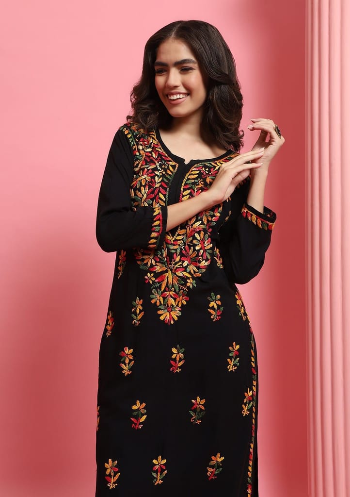 Rayon Chikankari Solid Women's Long Kurta - Black