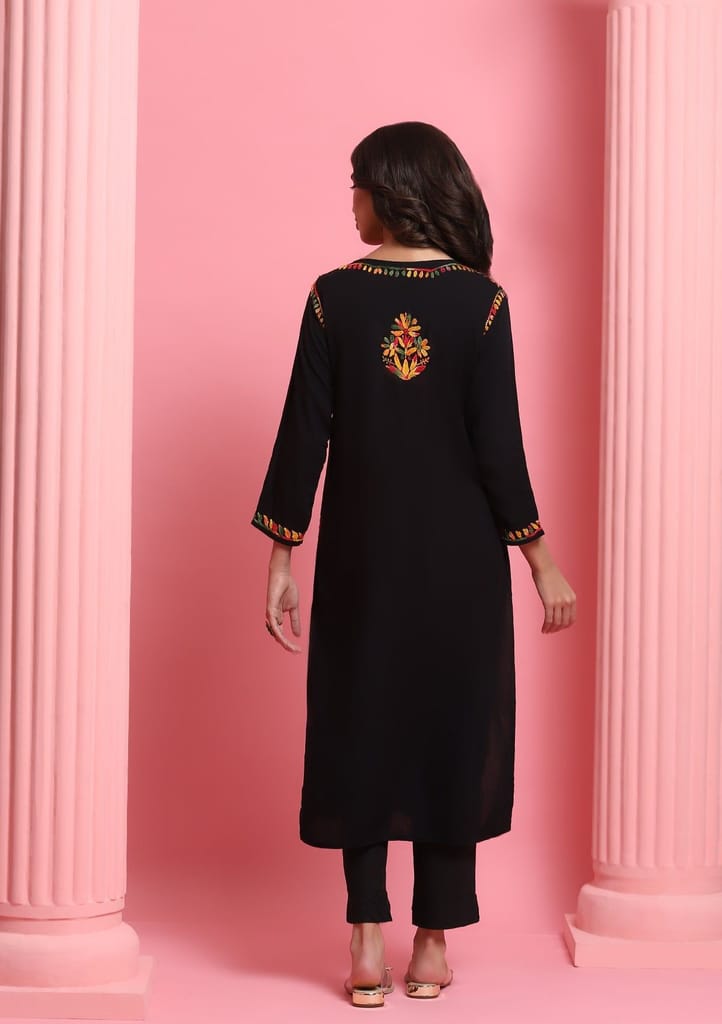 Rayon Chikankari Solid Women's Long Kurta - Black