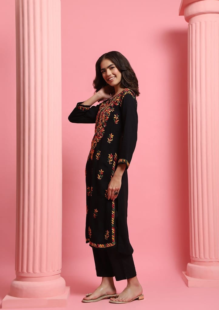 Rayon Chikankari Solid Women's Long Kurta - Black