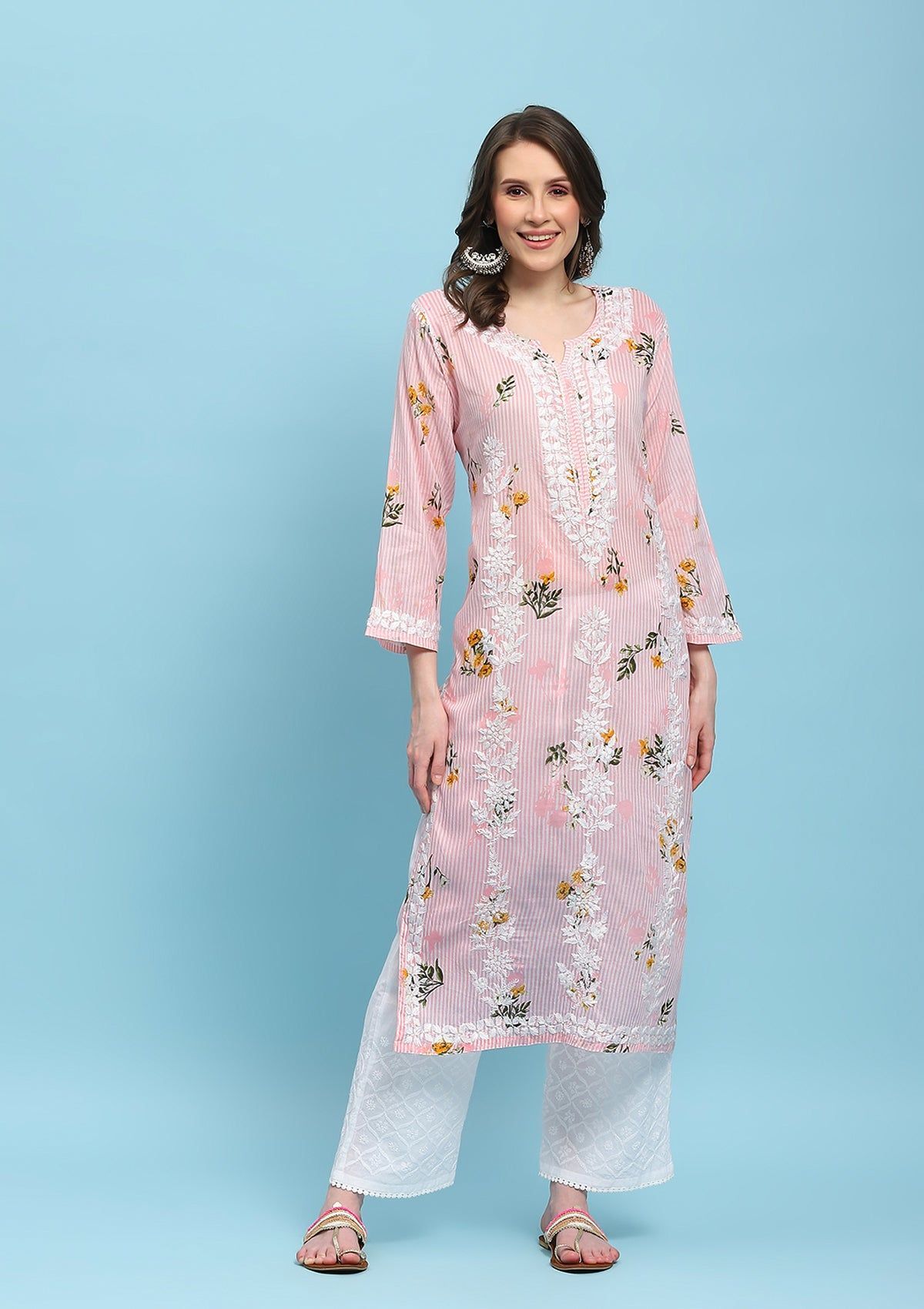 Mulmul Chikankari Printed Women's Long Kurta - Peach