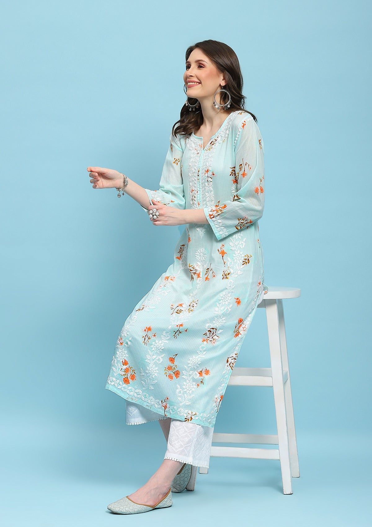 Mulmul Chikankari Printed Women's Long Kurta - Green