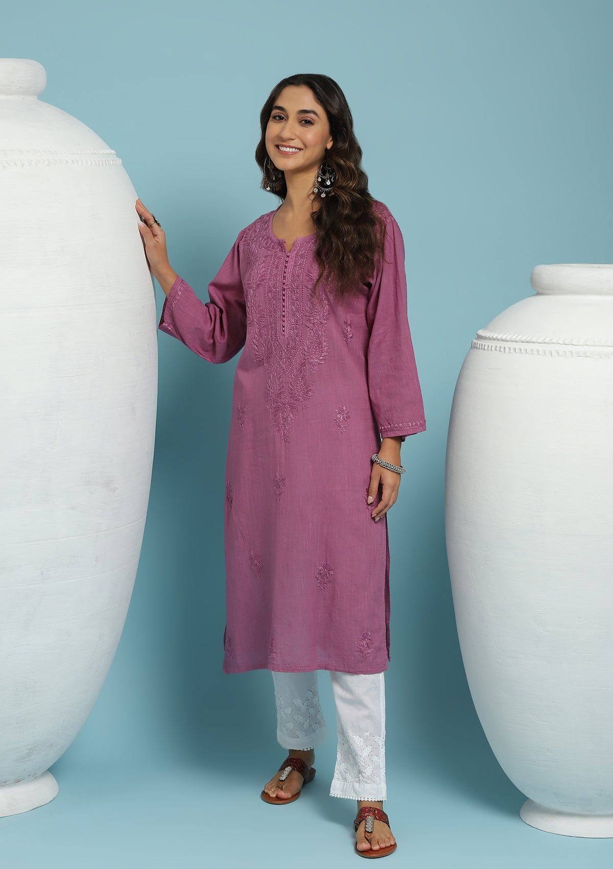 Cotton Chikankari Solid Women's Long Kurta - Purple