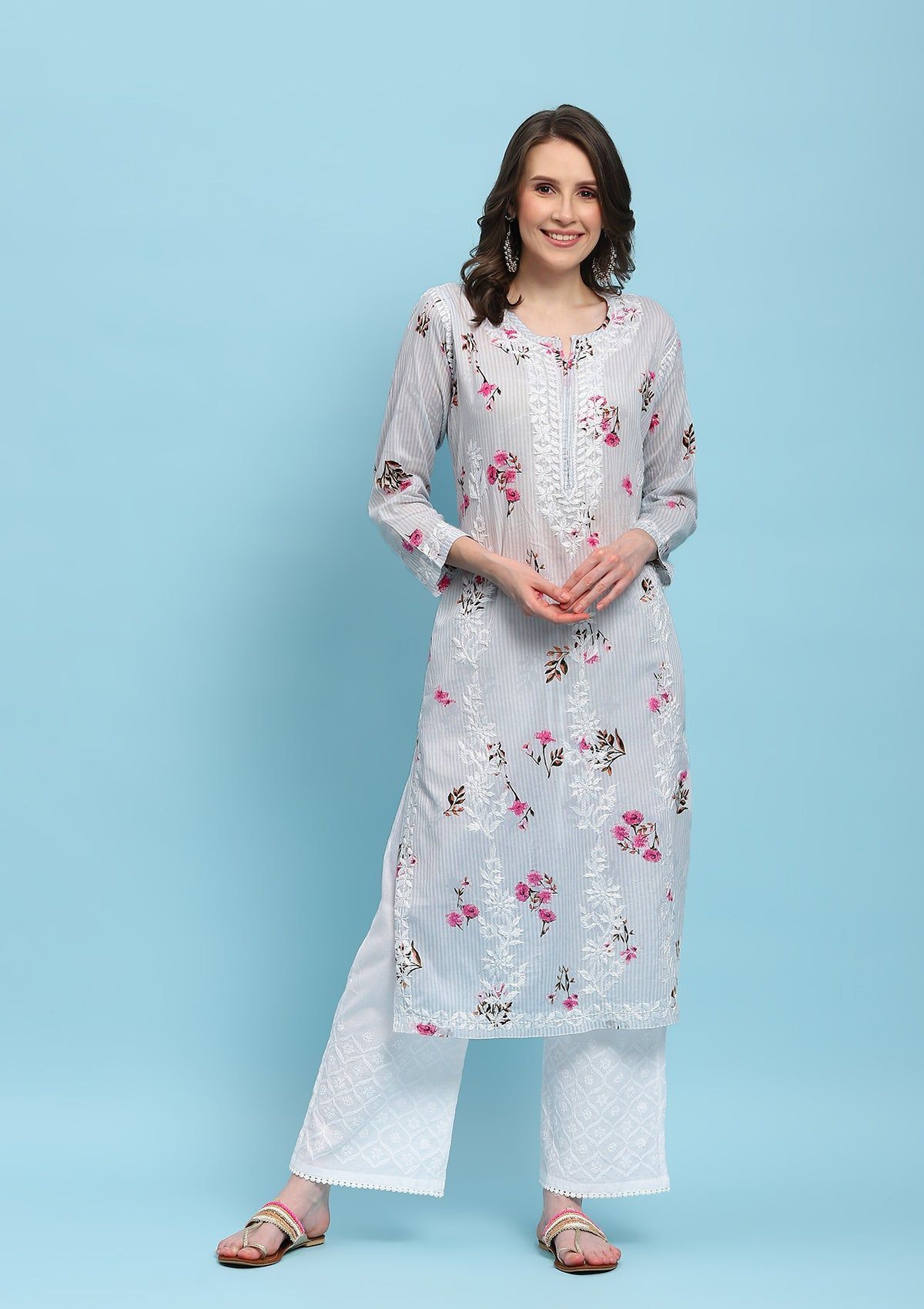 Mulmul Chikankari Printed Women's Long Kurta - Grey