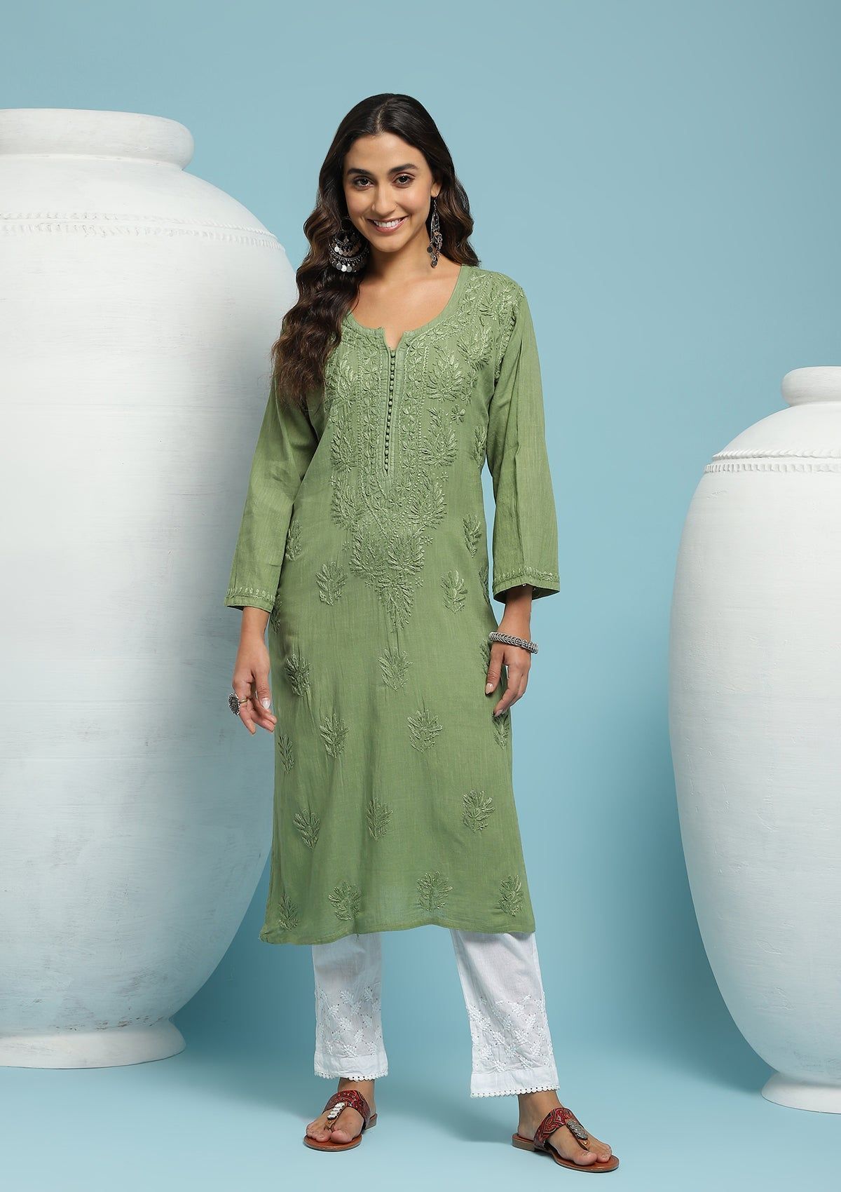 Cotton Chikankari Solid Women's Long Kurta - Green