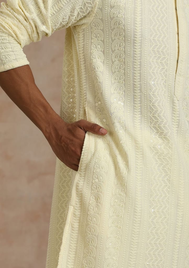 Rayon Schiffli Solid Men's Long Kurta- Cream