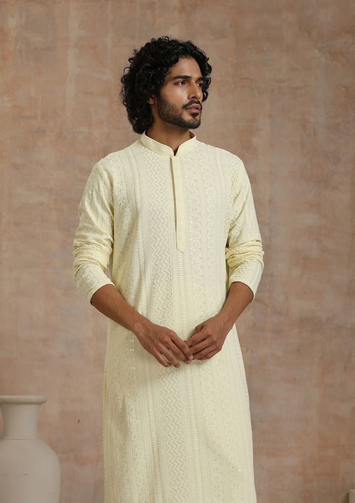 Rayon Schiffli Solid Men's Long Kurta- Cream