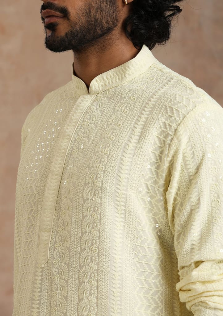 Rayon Schiffli Solid Men's Long Kurta- Cream