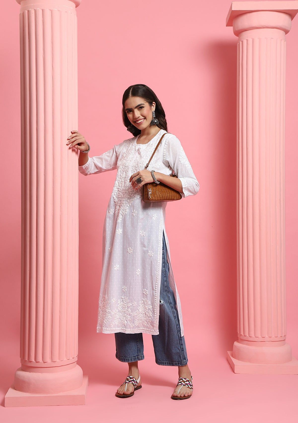 Cotton Dobby Chikankari Solid Women's Long Kurta - White