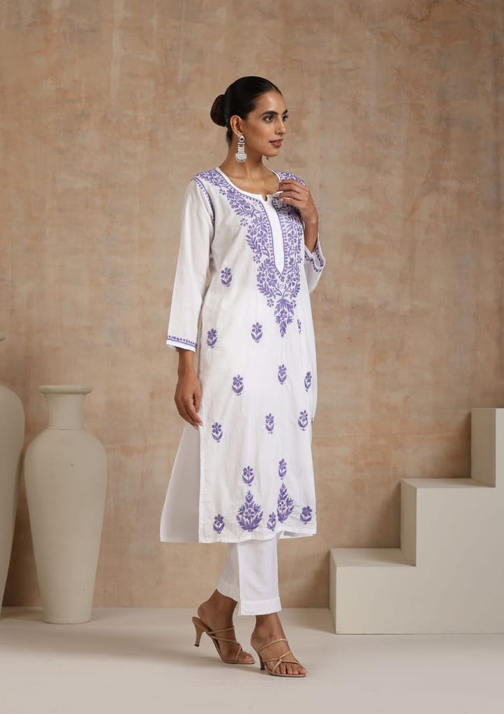 Cotton Chikankari Solid Women's Long Kurta - Purple